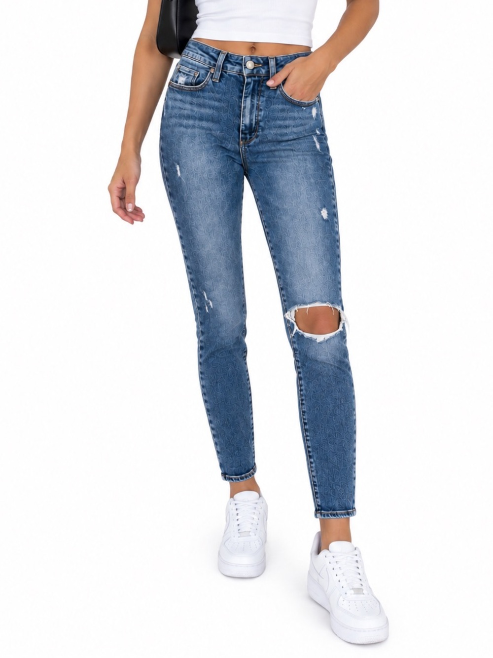 PAIGE Hoxton Ankle Medium Blue Ripped High-Rise Skinny Jeans